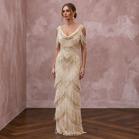 Glamorous Champagne Fringe Beaded Bridal Dress for Gatsby Rehearsal