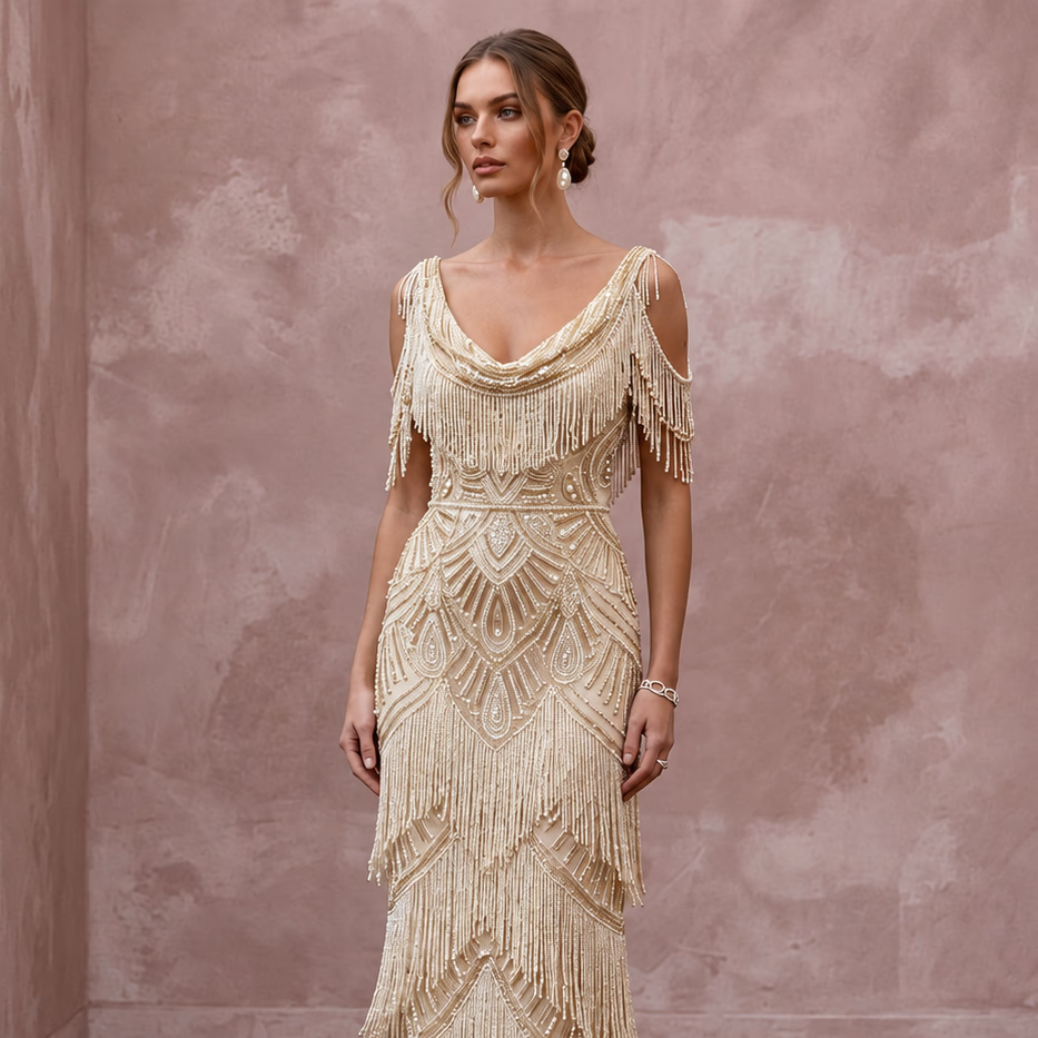 Glamorous Champagne Fringe Beaded Bridal Dress for Gatsby Rehearsal