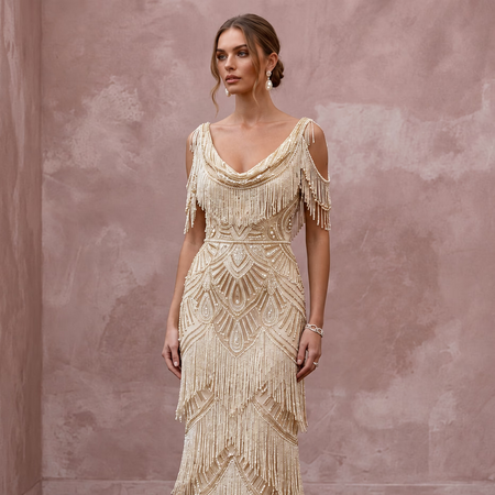 Glamorous Champagne Fringe Beaded Bridal Dress for Gatsby Rehearsal