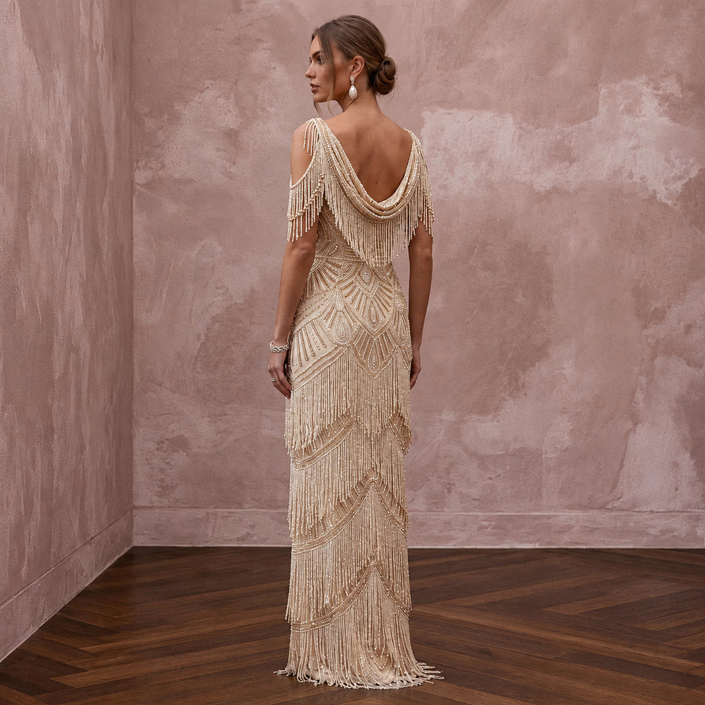 Glamorous Champagne Fringe Beaded Bridal Dress for Gatsby Rehearsal