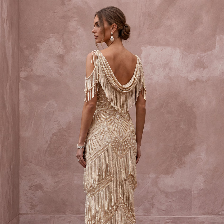 Glamorous Champagne Fringe Beaded Bridal Dress for Gatsby Rehearsal