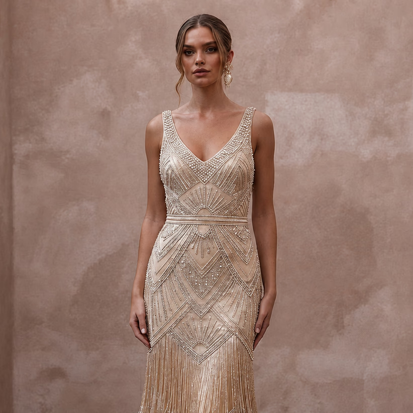 Glamorous Champagne Fringe Beaded Dress for Gatsby Rehearsalv - Apparel & Accessories > Clothing > Wedding & Bridal Party Dresses > Wedding Dresses - Mignonette Bridal