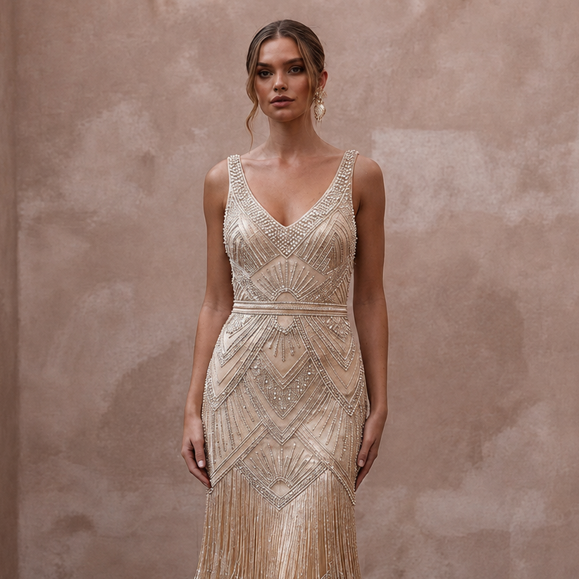Glamorous Champagne Fringe Beaded Dress for Gatsby Rehearsalv