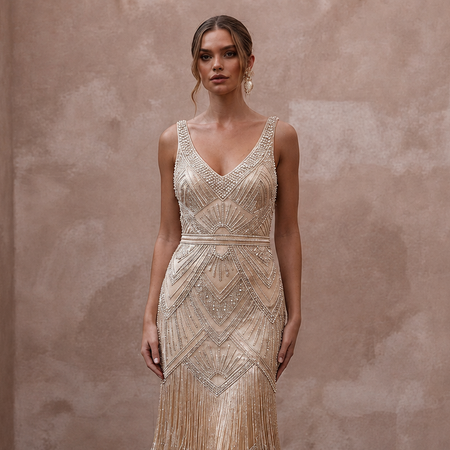 Glamorous Champagne Fringe Beaded Dress for Gatsby Rehearsalv