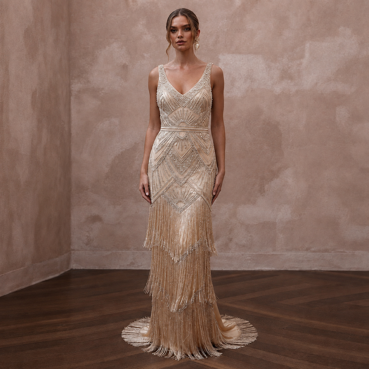 Glamorous Champagne Fringe Beaded Dress for Gatsby Rehearsalv