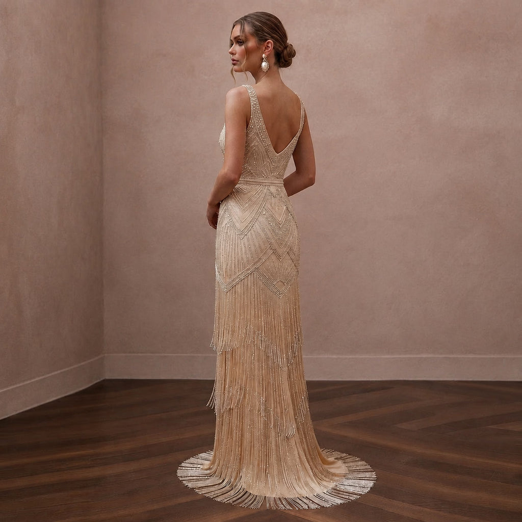 Glamorous Champagne Fringe Beaded Dress for Gatsby Rehearsalv - Apparel & Accessories > Clothing > Wedding & Bridal Party Dresses > Wedding Dresses - Mignonette Bridal