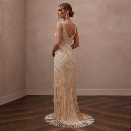 Glamorous Champagne Fringe Beaded Dress for Gatsby Rehearsalv