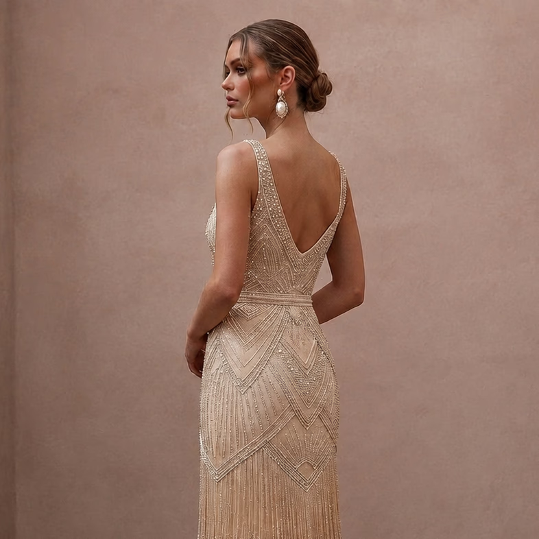 Glamorous Champagne Fringe Beaded Dress for Gatsby Rehearsalv - Apparel & Accessories > Clothing > Wedding & Bridal Party Dresses > Wedding Dresses - Mignonette Bridal