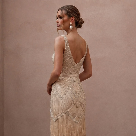 Glamorous Champagne Fringe Beaded Dress for Gatsby Rehearsalv - Apparel & Accessories > Clothing > Wedding & Bridal Party Dresses > Wedding Dresses - Mignonette Bridal