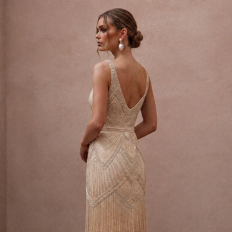 Glamorous Champagne Fringe Beaded Dress for Gatsby Rehearsalv
