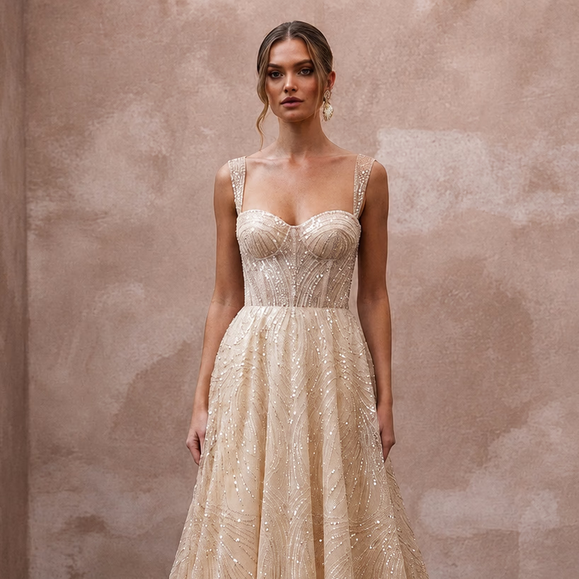 Glamorous Champagne Sequin Tulle A - Line Wedding Gown for Rehearsal Gala - Apparel & Accessories > Clothing > Wedding & Bridal Party Dresses > Wedding Dresses - Mignonette Bridal