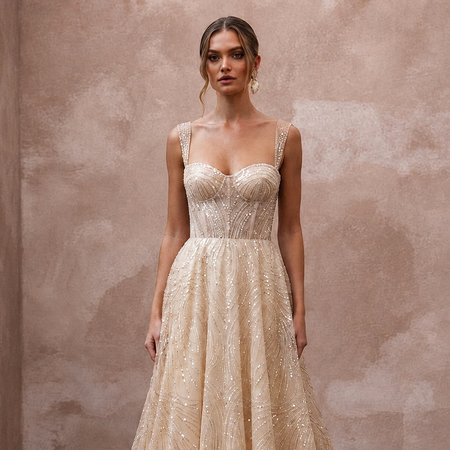 Glamorous Champagne Sequin Tulle A - Line Wedding Gown for Rehearsal Gala - Apparel & Accessories > Clothing > Wedding & Bridal Party Dresses > Wedding Dresses - Mignonette Bridal