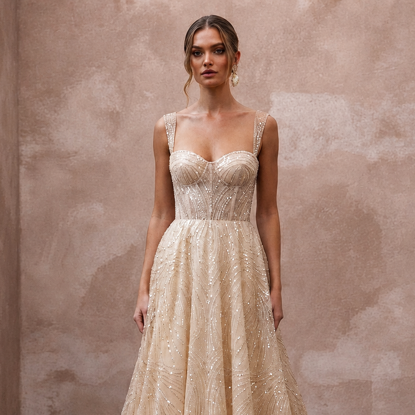 Glamorous Champagne Sequin Tulle A-Line Wedding Gown for Rehearsal Gala
