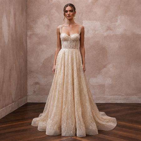 Glamorous Champagne Sequin Tulle A - Line Wedding Gown for Rehearsal Gala - Apparel & Accessories > Clothing > Wedding & Bridal Party Dresses > Wedding Dresses - Mignonette Bridal