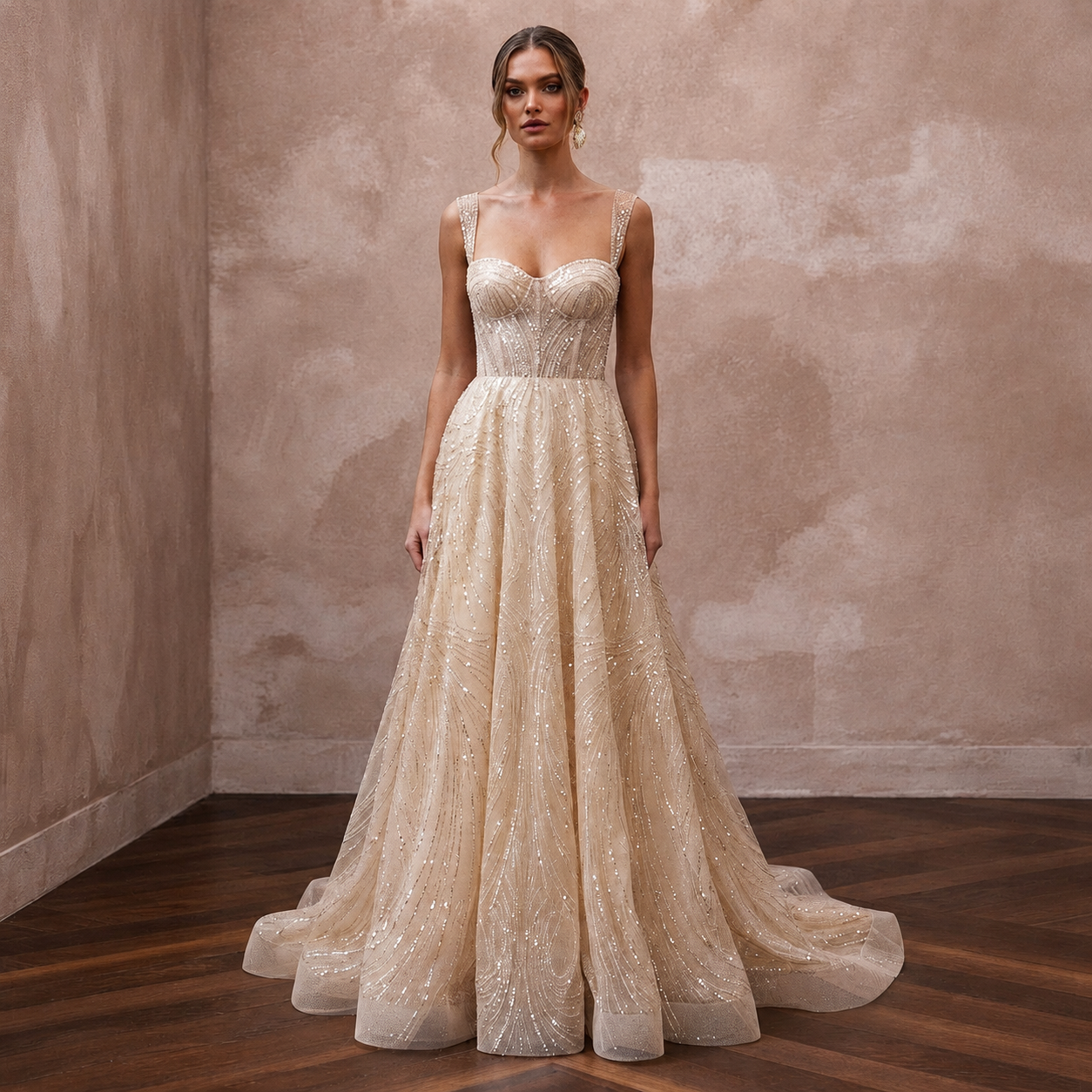 Glamorous Champagne Sequin Tulle A-Line Wedding Gown for Rehearsal Gala Main image