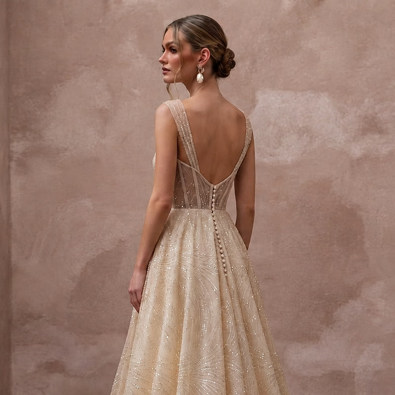Glamorous Champagne Sequin Tulle A - Line Wedding Gown for Rehearsal Gala - Apparel & Accessories > Clothing > Wedding & Bridal Party Dresses > Wedding Dresses - Mignonette Bridal