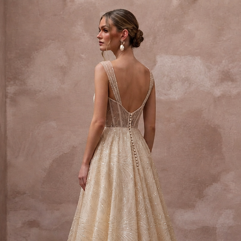 Glamorous Champagne Sequin Tulle A-Line Wedding Gown for Rehearsal Gala