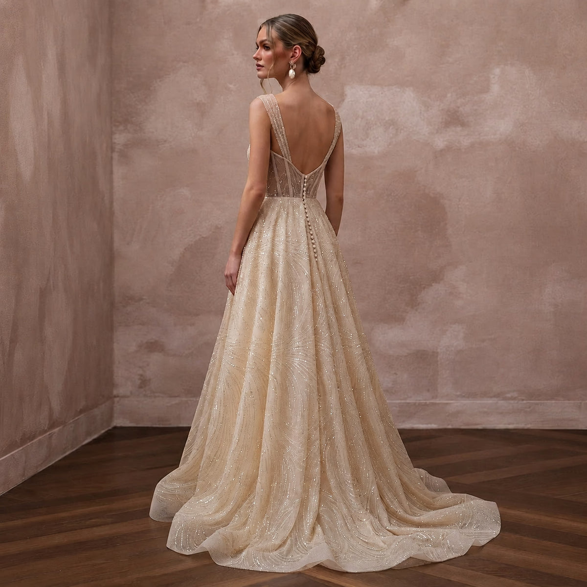 Glamorous Champagne Sequin Tulle A - Line Wedding Gown for Rehearsal Gala - Apparel & Accessories > Clothing > Wedding & Bridal Party Dresses > Wedding Dresses - Mignonette Bridal