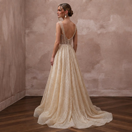 Glamorous Champagne Sequin Tulle A - Line Wedding Gown for Rehearsal Gala - Apparel & Accessories > Clothing > Wedding & Bridal Party Dresses > Wedding Dresses - Mignonette Bridal