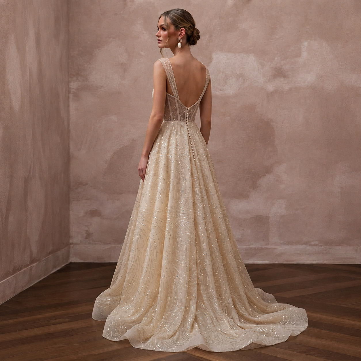 Glamorous Champagne Sequin Tulle A-Line Wedding Gown for Rehearsal Gala Secondary image
