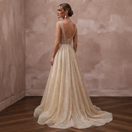 Glamorous Champagne Sequin Tulle A-Line Wedding Gown for Rehearsal Gala
