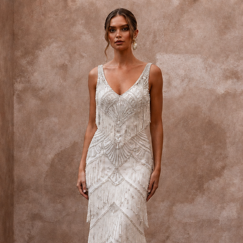 Glamorous Ivory Fringe Beaded Mermaid Wedding Dress for Great Gatsby Party