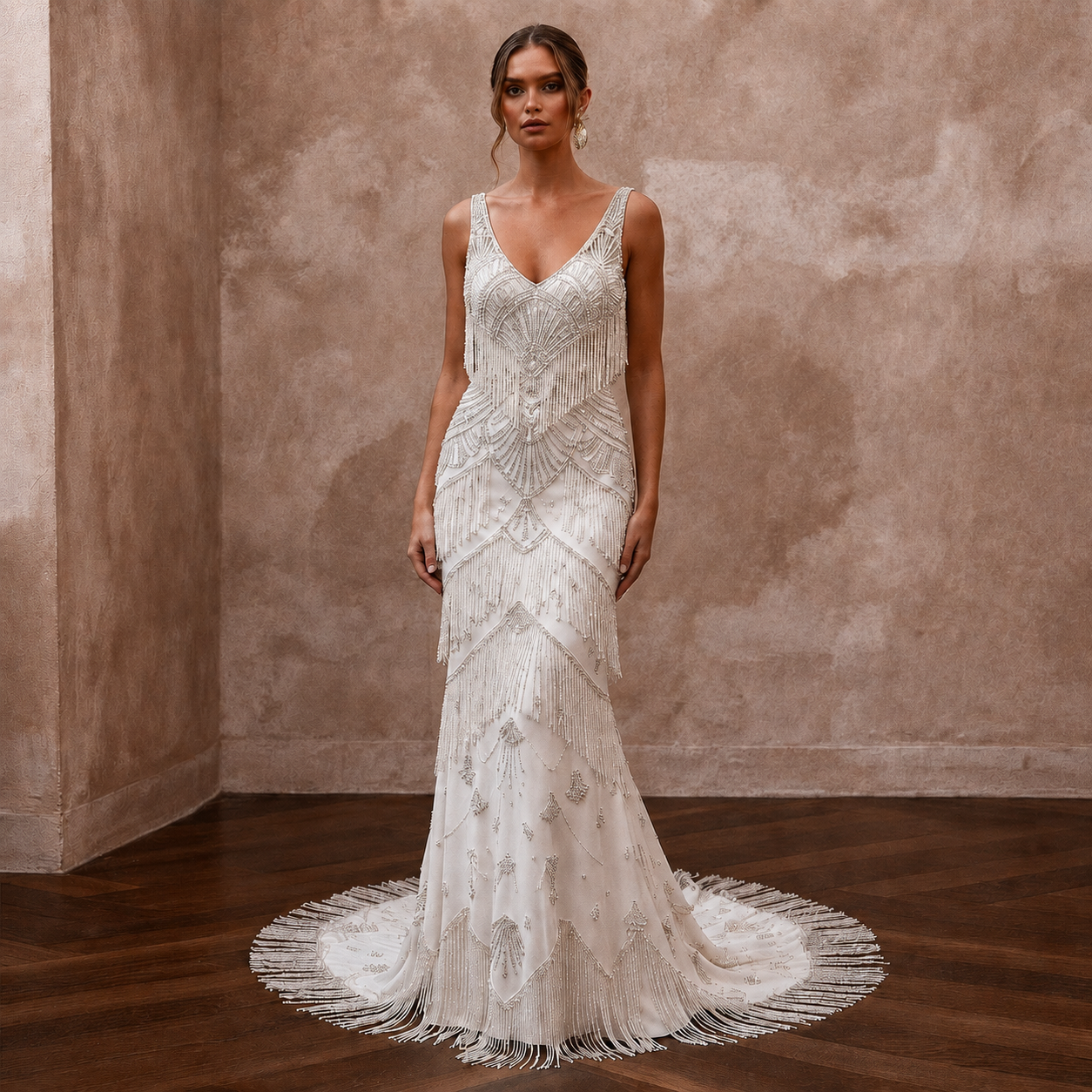 Glamorous Ivory Fringe Beaded Mermaid Wedding Dress for Great Gatsby Party Main image