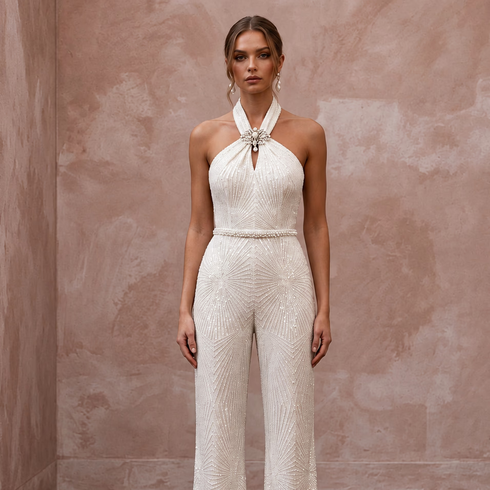 Glamorous Ivory Sequin Halter Bridal Jumpsuit for New Year's Eve Renewal