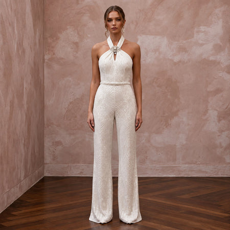 Glamorous Ivory Sequin Halter Bridal Jumpsuit for New Year's Eve Renewal