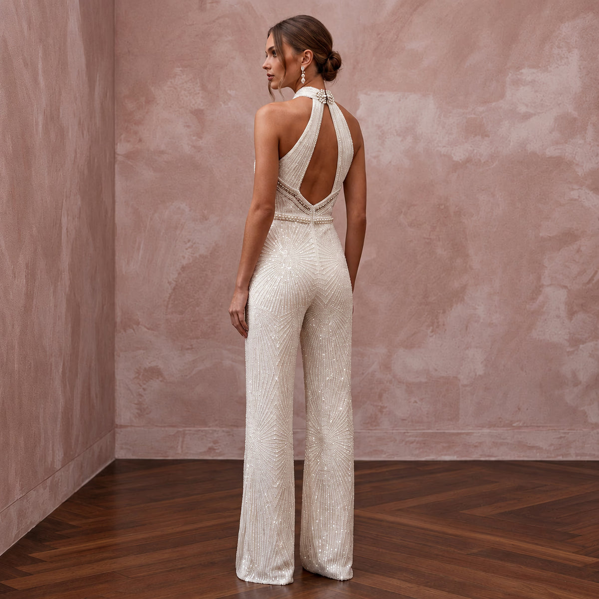 Glamorous Ivory Sequin Halter Bridal Jumpsuit for New Year's Eve Renewal