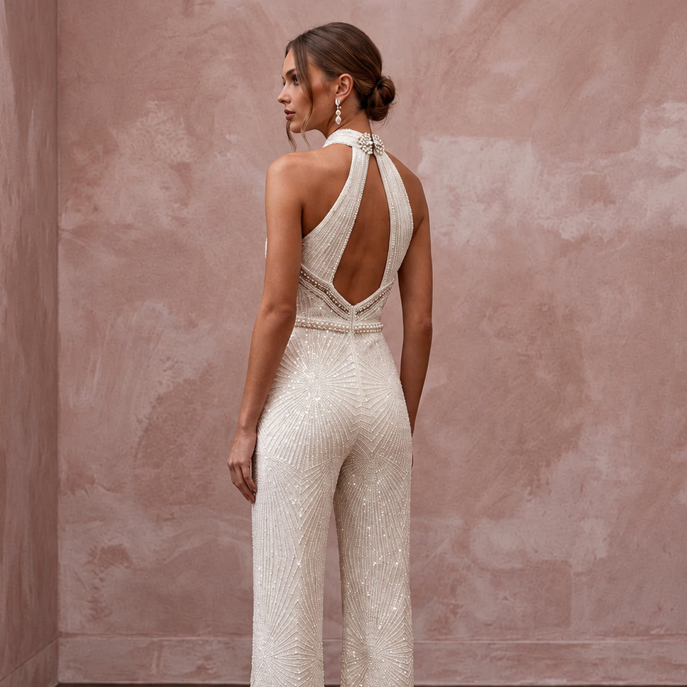 Glamorous Ivory Sequin Halter Bridal Jumpsuit for New Year's Eve Renewal