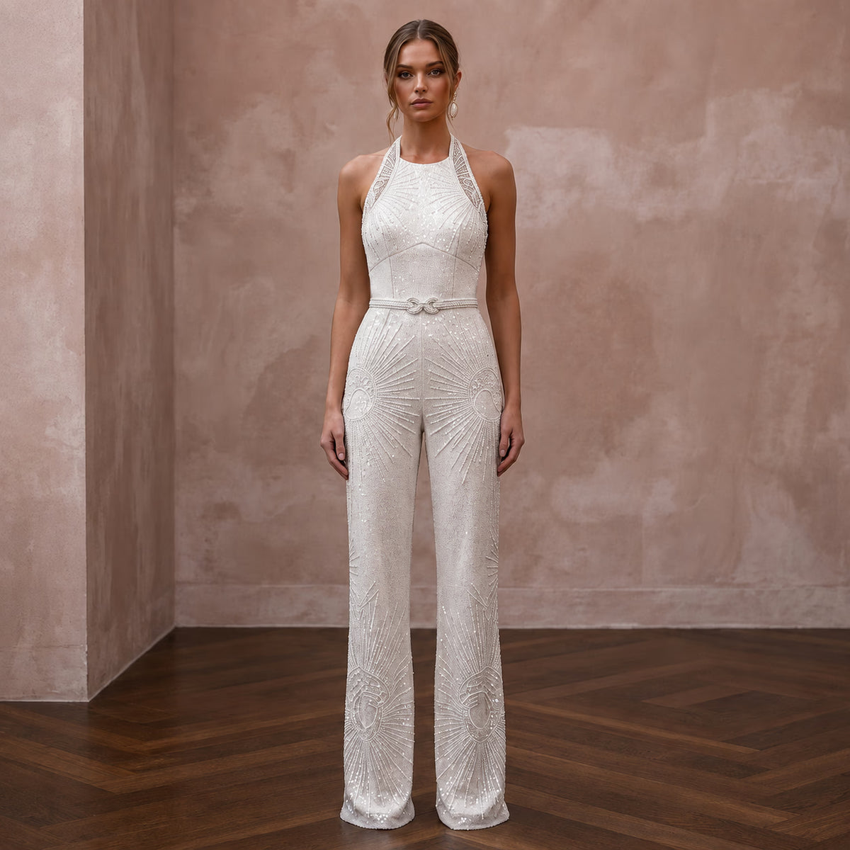 Glamorous Ivory Sequin Halter Jumpsuit for New Year's Eve Renewal - Apparel & Accessories > Clothing > Wedding & Bridal Party Dresses > Wedding Dresses - Mignonette Bridal Main image