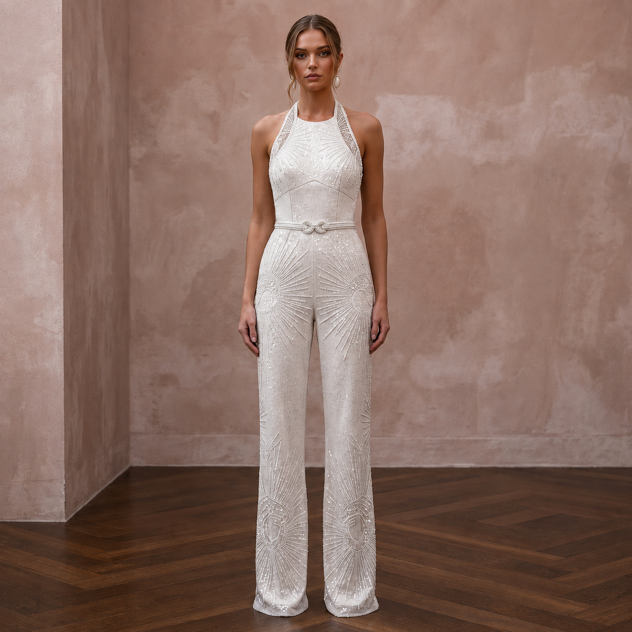 Glamorous Ivory Sequin Halter Jumpsuit for New Year's Eve Renewal