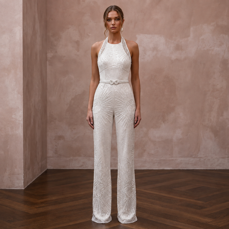 Glamorous Ivory Sequin Halter Jumpsuit for New Year's Eve Renewal