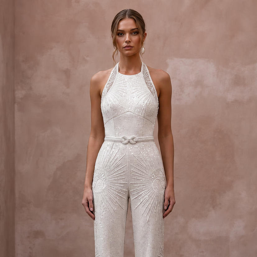 Glamorous Ivory Sequin Halter Jumpsuit for New Year's Eve Renewal - Apparel & Accessories > Clothing > Wedding & Bridal Party Dresses > Wedding Dresses - Mignonette Bridal