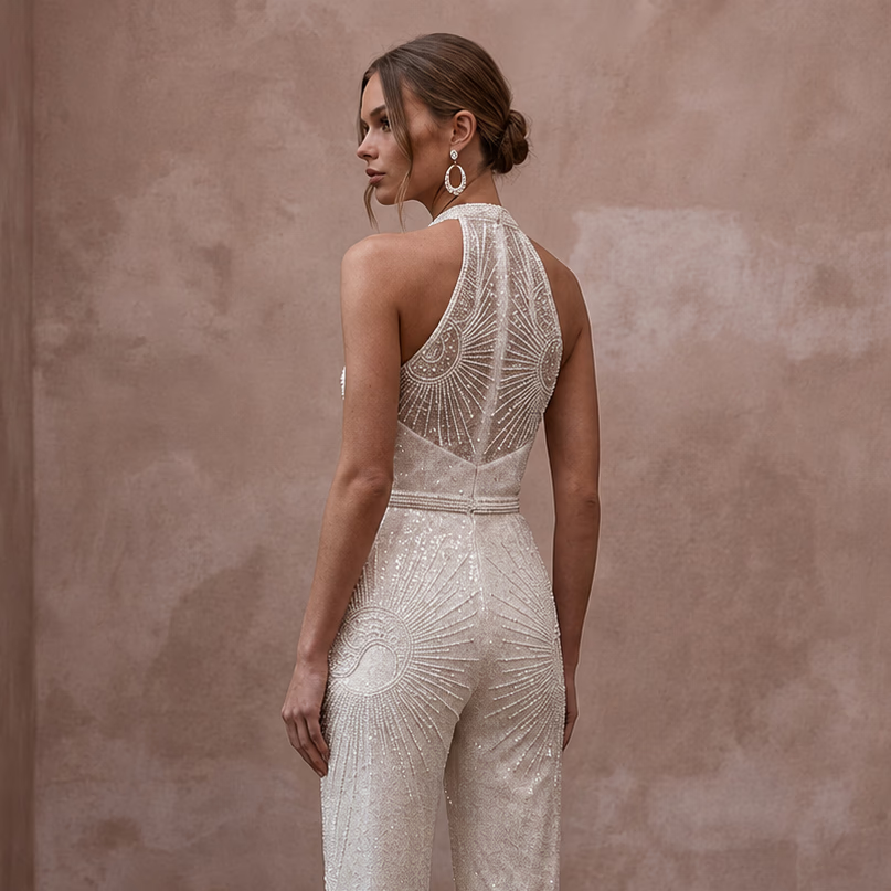 Glamorous Ivory Sequin Halter Jumpsuit for New Year's Eve Renewal - Apparel & Accessories > Clothing > Wedding & Bridal Party Dresses > Wedding Dresses - Mignonette Bridal