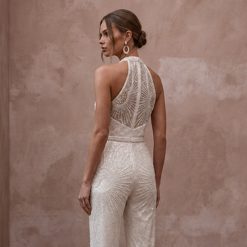 Glamorous Ivory Sequin Halter Jumpsuit for New Year's Eve Renewal