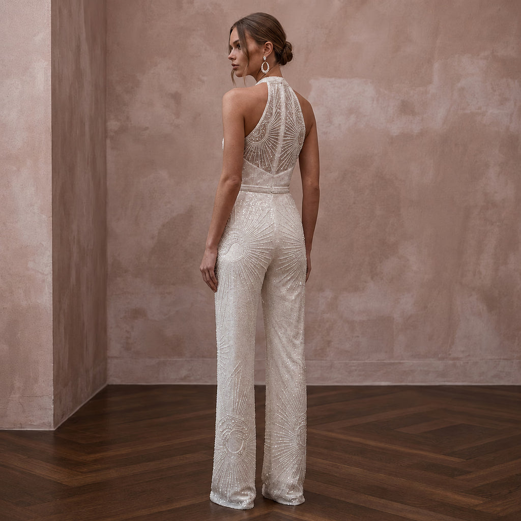Glamorous Ivory Sequin Halter Jumpsuit for New Year's Eve Renewal - Apparel & Accessories > Clothing > Wedding & Bridal Party Dresses > Wedding Dresses - Mignonette Bridal