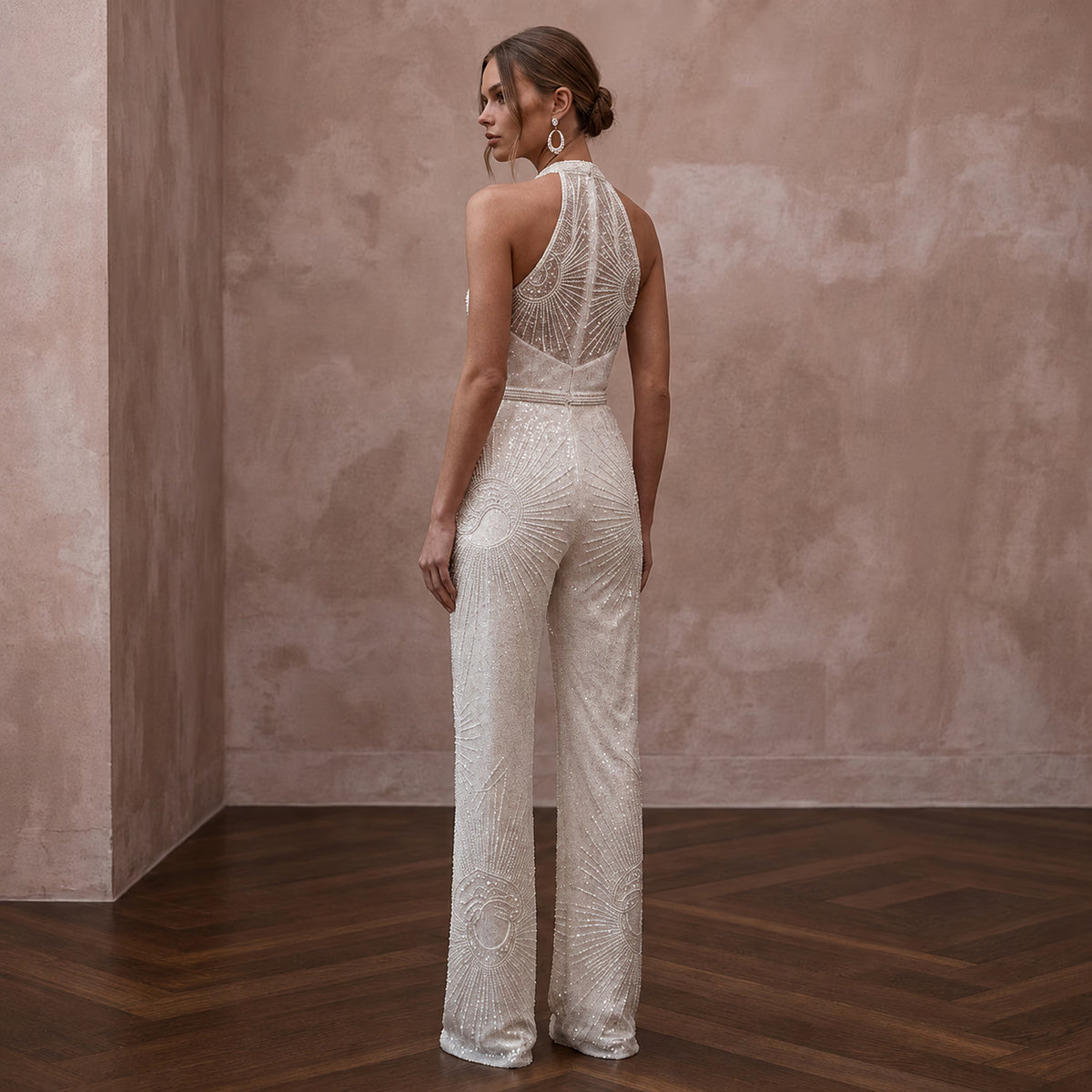 Glamorous Ivory Sequin Halter Jumpsuit for New Year's Eve Renewal - Apparel & Accessories > Clothing > Wedding & Bridal Party Dresses > Wedding Dresses - Mignonette Bridal