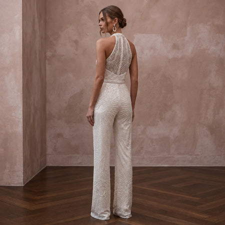 Glamorous Ivory Sequin Halter Jumpsuit for New Year's Eve Renewal - Apparel & Accessories > Clothing > Wedding & Bridal Party Dresses > Wedding Dresses - Mignonette Bridal