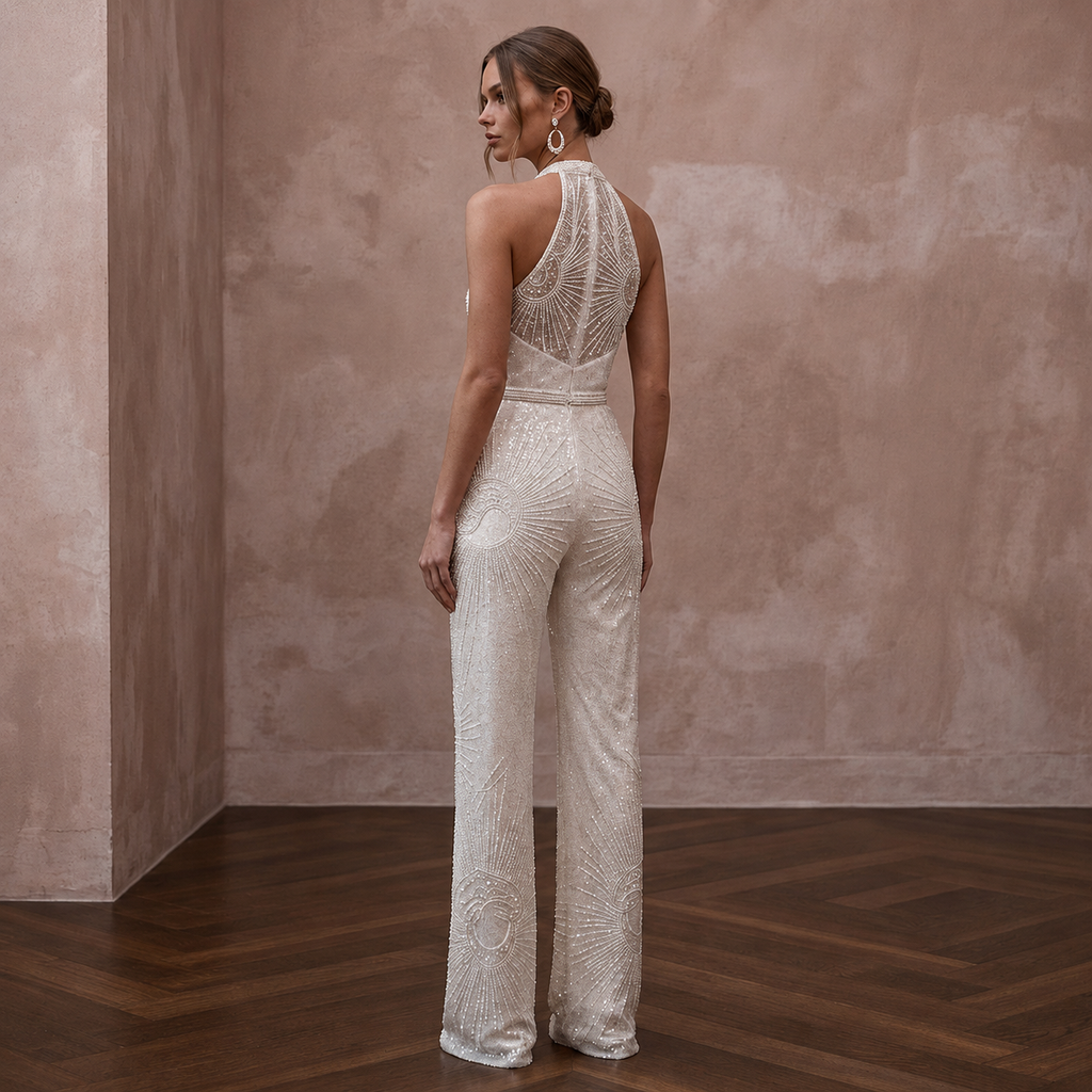 Glamorous Ivory Sequin Halter Jumpsuit for New Year's Eve Renewal