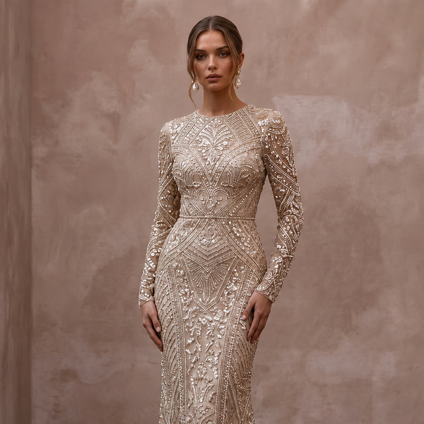 Glittering Champagne Sequin Long Sleeve Dress for New Year's Eve Renewal - Apparel & Accessories > Clothing > Wedding & Bridal Party Dresses > Wedding Dresses - Mignonette Bridal