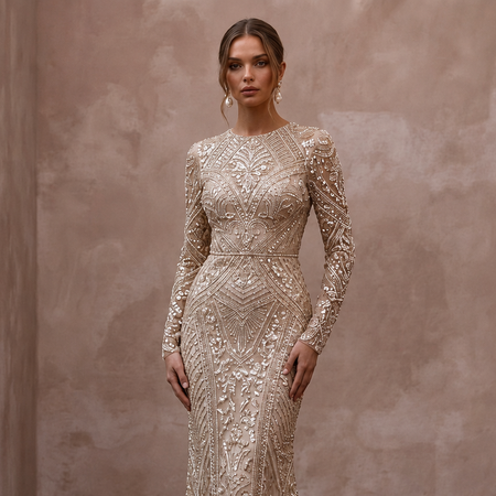 Glittering Champagne Sequin Long Sleeve Dress for New Year's Eve Renewal