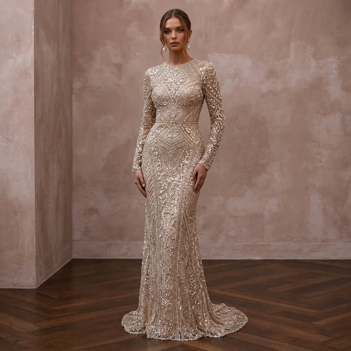 Glittering Champagne Sequin Long Sleeve Dress for New Year's Eve Renewal - Apparel & Accessories > Clothing > Wedding & Bridal Party Dresses > Wedding Dresses - Mignonette Bridal Main image