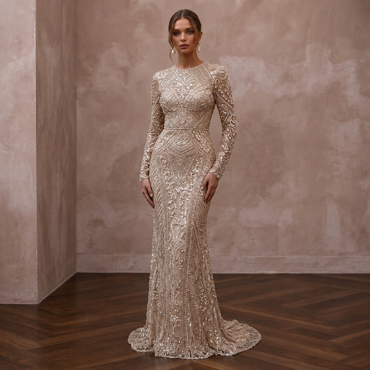 Glittering Champagne Sequin Long Sleeve Dress for New Year's Eve Renewal