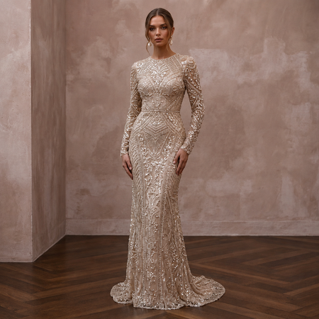 Glittering Champagne Sequin Long Sleeve Dress for New Year's Eve Renewal