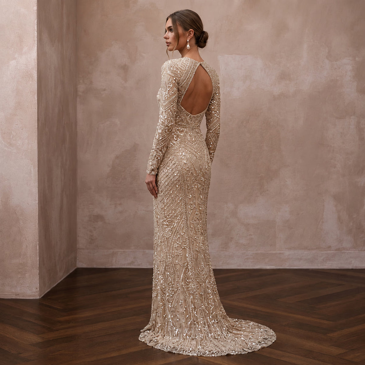 Glittering Champagne Sequin Long Sleeve Dress for New Year's Eve Renewal - Apparel & Accessories > Clothing > Wedding & Bridal Party Dresses > Wedding Dresses - Mignonette Bridal