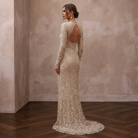 Glittering Champagne Sequin Long Sleeve Dress for New Year's Eve Renewal - Apparel & Accessories > Clothing > Wedding & Bridal Party Dresses > Wedding Dresses - Mignonette Bridal