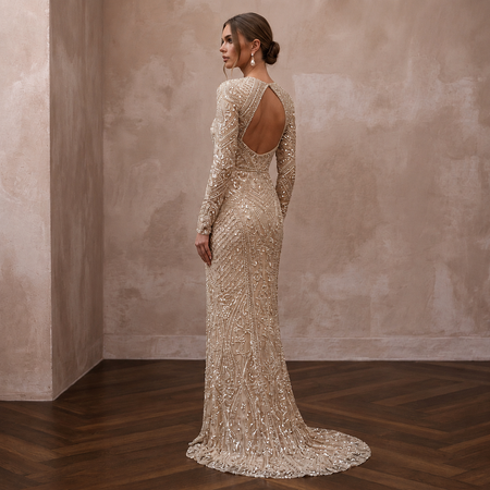 Glittering Champagne Sequin Long Sleeve Dress for New Year's Eve Renewal
