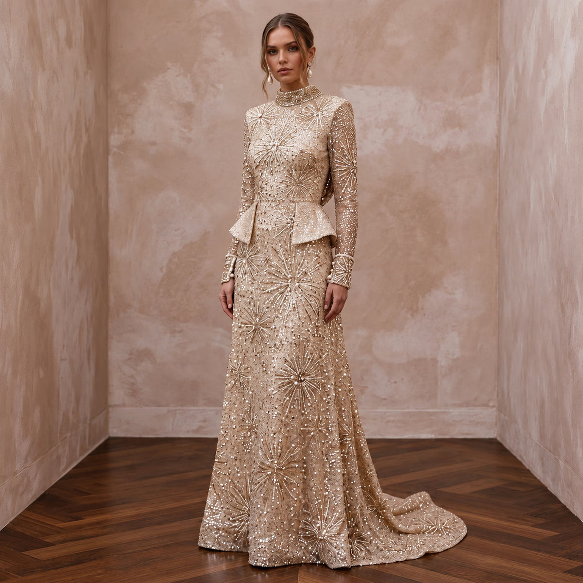 Glittering Champagne Sequin Long Sleeve Wedding Dress for New Year's Eve Renewal